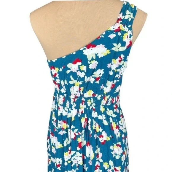 Anthropologie One‎ Shoulder Floral Maxi Dress Teal Ring Strap Petite 12P NWT - Picture 9 of 15